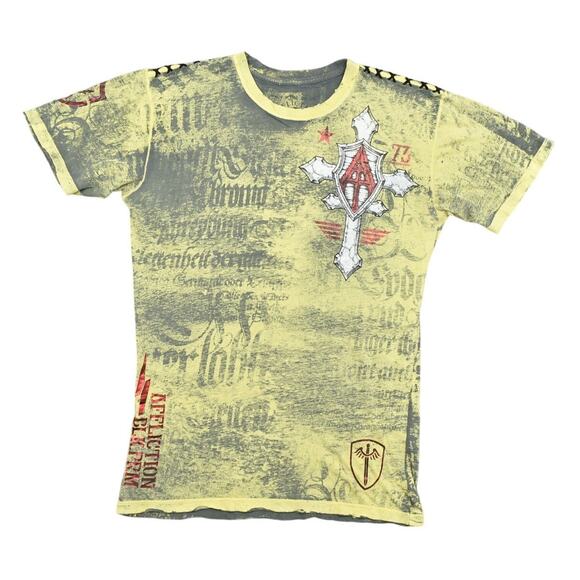 Y2K Affliction Men's Yellow Cotton T-Shirt Size L Made in USA Short Sleeve - Picture 2 of 7